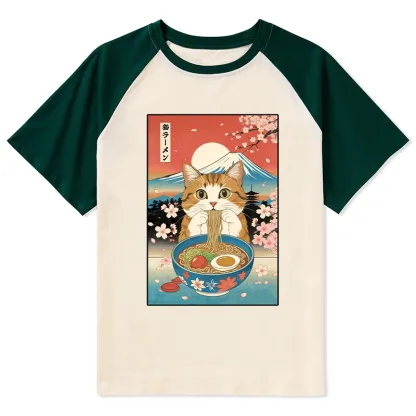 Tokyo-Tiger Funny Orange Cat Eating Ramen Japan Raglan T-shirt