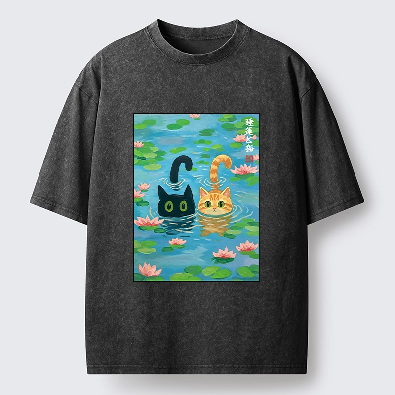 Tokyo-Tiger Cats In The Lotus Pond Washed T-Shirt