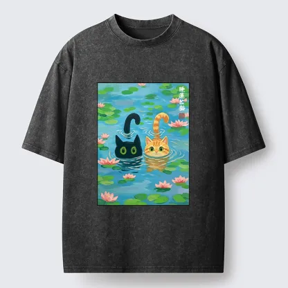 Tokyo-Tiger Cats In The Lotus Pond Washed T-Shirt