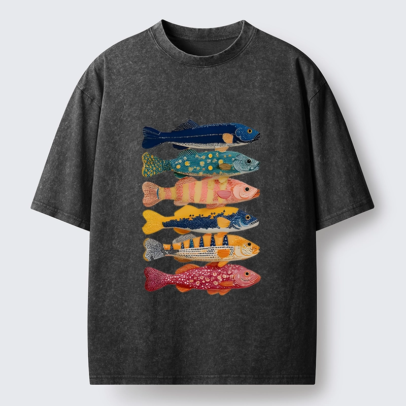 Tokyo-Tiger Colorful Fish Art Collection Washed T-Shirt