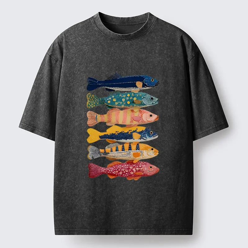 Tokyo-Tiger Colorful Fish Art Collection Washed T-Shirt