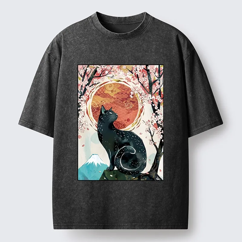 Tokyo-Tiger Black Cat Sakura Washed T-Shirt