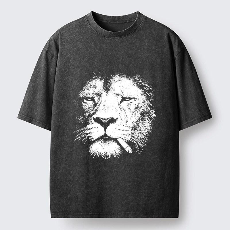 Tokyo-Tiger Tired Lion Funny Smoking Washed T-Shirt