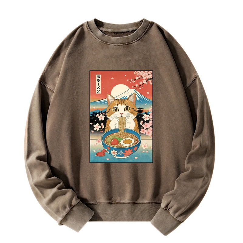 Tokyo-Tiger Funny Orange Cat Eating Ramen Japan Washed Sweatshirt
