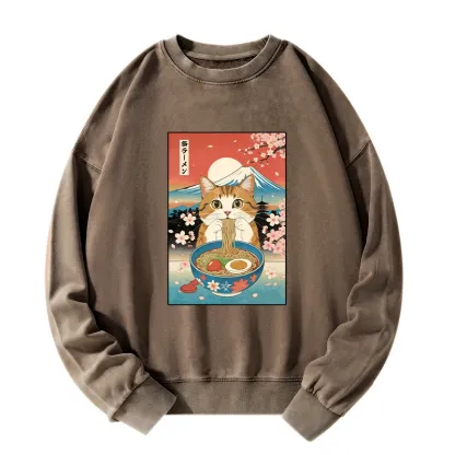 Tokyo-Tiger Funny Orange Cat Eating Ramen Japan Washed Sweatshirt
