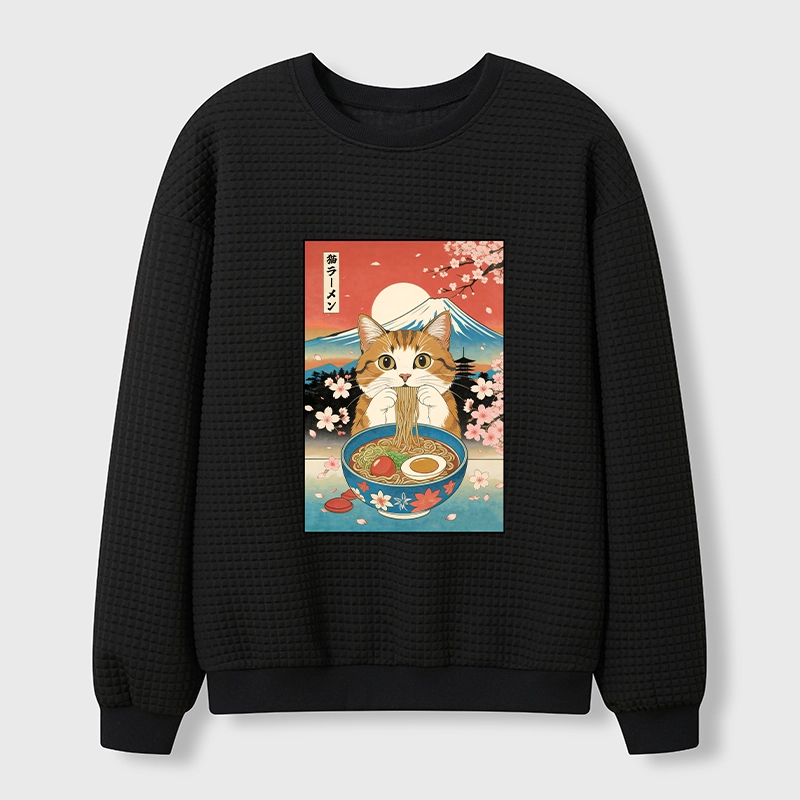 Tokyo-Tiger Funny Orange Cat Eating Ramen Japan Waffle Sweatshirt