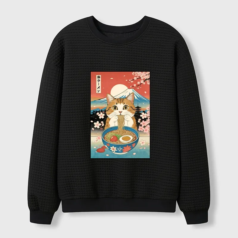 Tokyo-Tiger Funny Orange Cat Eating Ramen Japan Waffle Sweatshirt