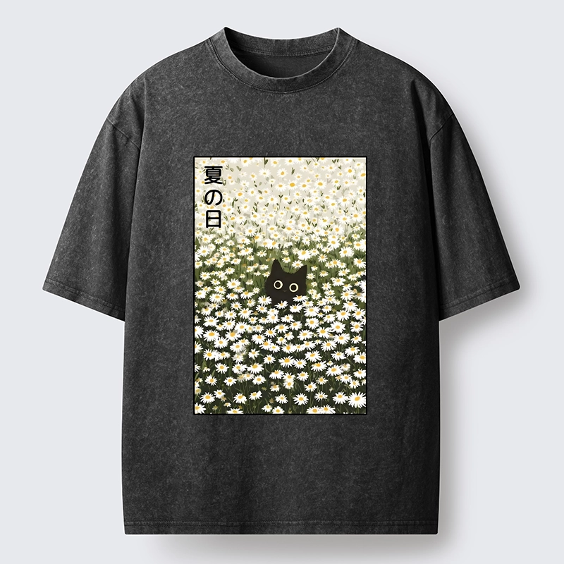 Tokyo-Tiger Summer Day Daisies Black Cat Washed T-Shirt