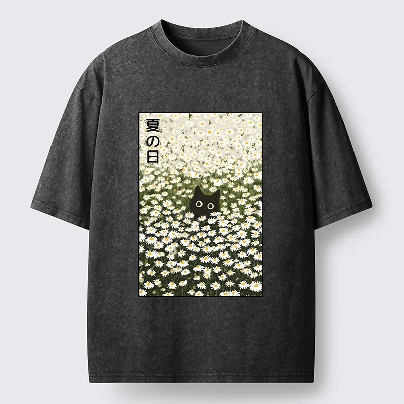 Tokyo-Tiger Summer Day Daisies Black Cat Washed T-Shirt
