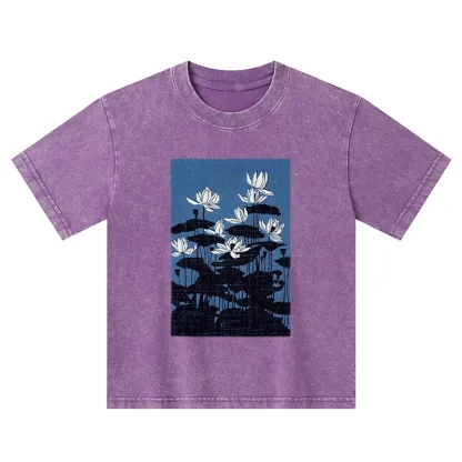 Tokyo-Tiger Blue Lotus Japanese Art Kids Washed T-Shirt