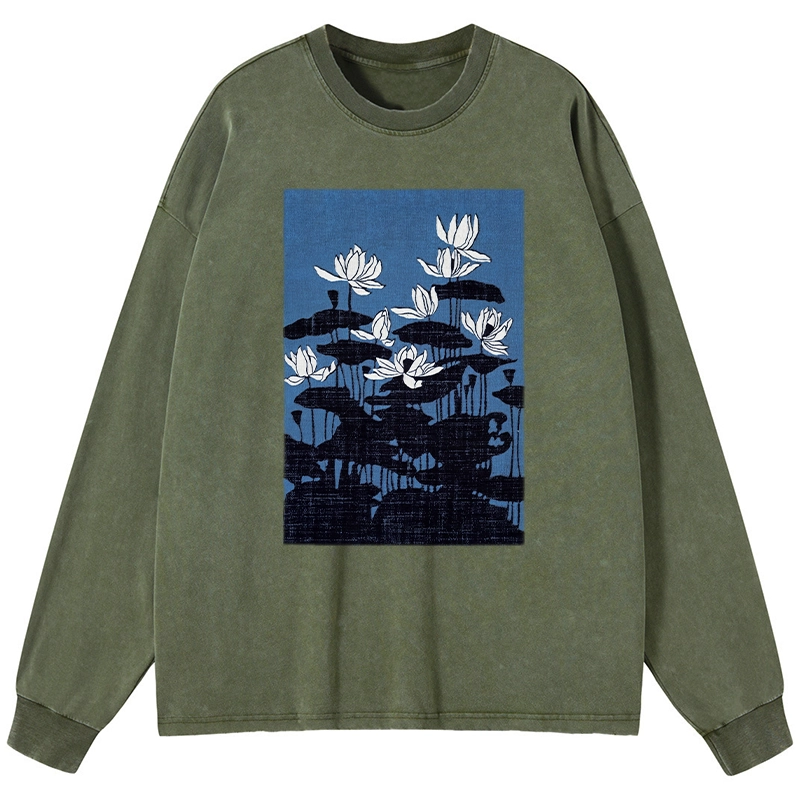 Tokyo-Tiger Blue Lotus Japanese Art Long Sleeve T-Shirt
