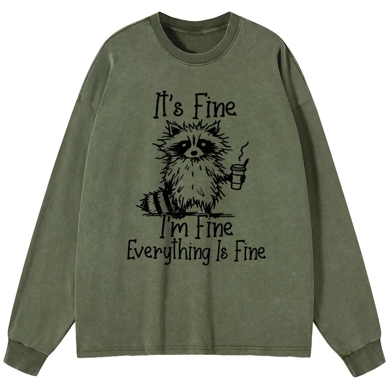 Tokyo-Tiger Raccoon Fine Meme Washed Long Sleeve T-Shirt