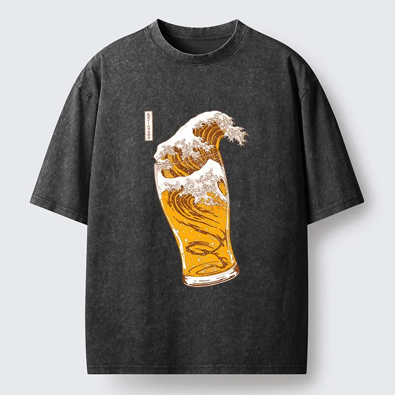 Tokyo-Tiger Great Beer Wave Print Washed T-Shirt
