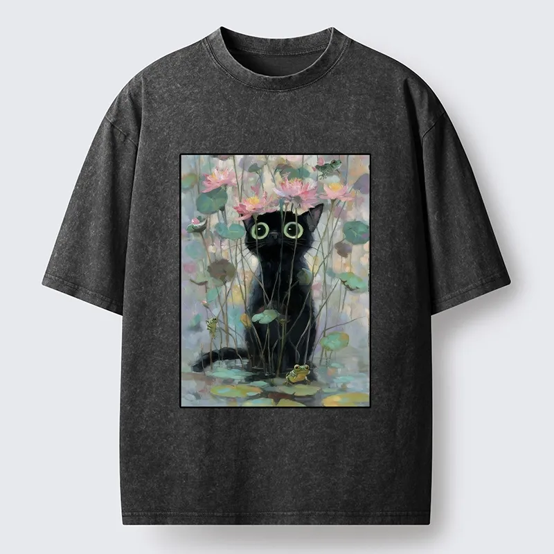 Tokyo-Tiger Black Cat In The Lotus Pond Washed T-Shirt