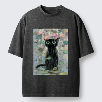 Tokyo-Tiger Black Cat In The Lotus Pond Washed T-Shirt