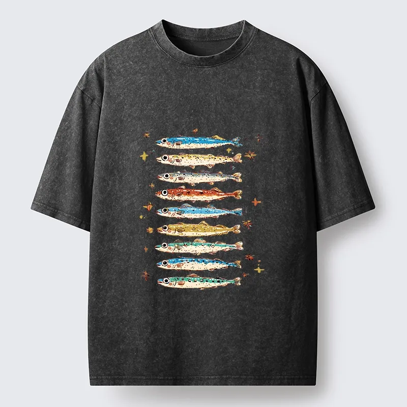 Tokyo-Tiger Colorful Fish Family Art Washed T-Shirt