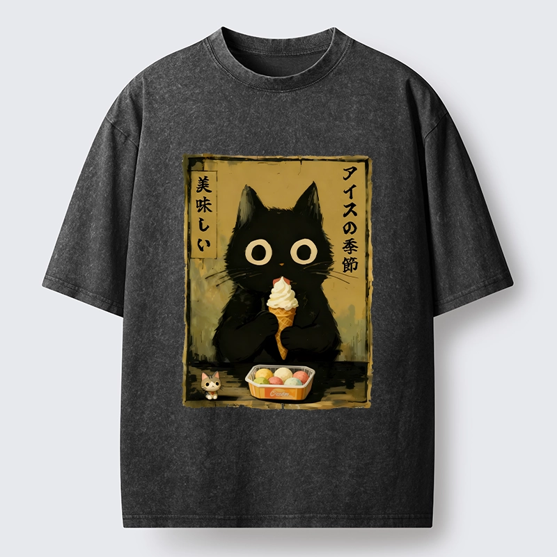 Tokyo-Tiger Black Cat Loves Ice Cream Washed T-Shirt