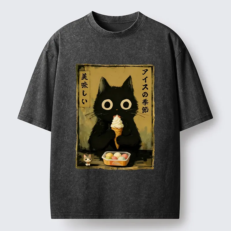 Tokyo-Tiger Black Cat Loves Ice Cream Washed T-Shirt