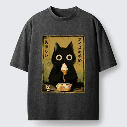 Tokyo-Tiger Black Cat Loves Ice Cream Washed T-Shirt