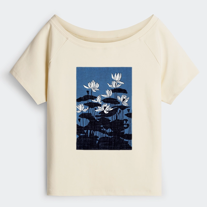 Tokyo-Tiger Blue Lotus Japanese Art Off Shoulder T-Shirt