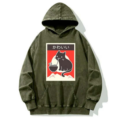 Tokyo-Tiger Kawaii Vintage Ramen Cat Washed Hoodie