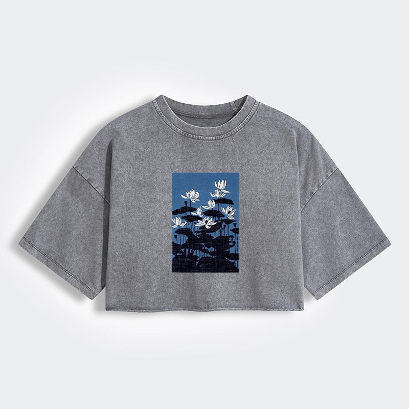 Tokyo-Tiger Blue Lotus Japanese Art Women's Washed Crop T-Shirt