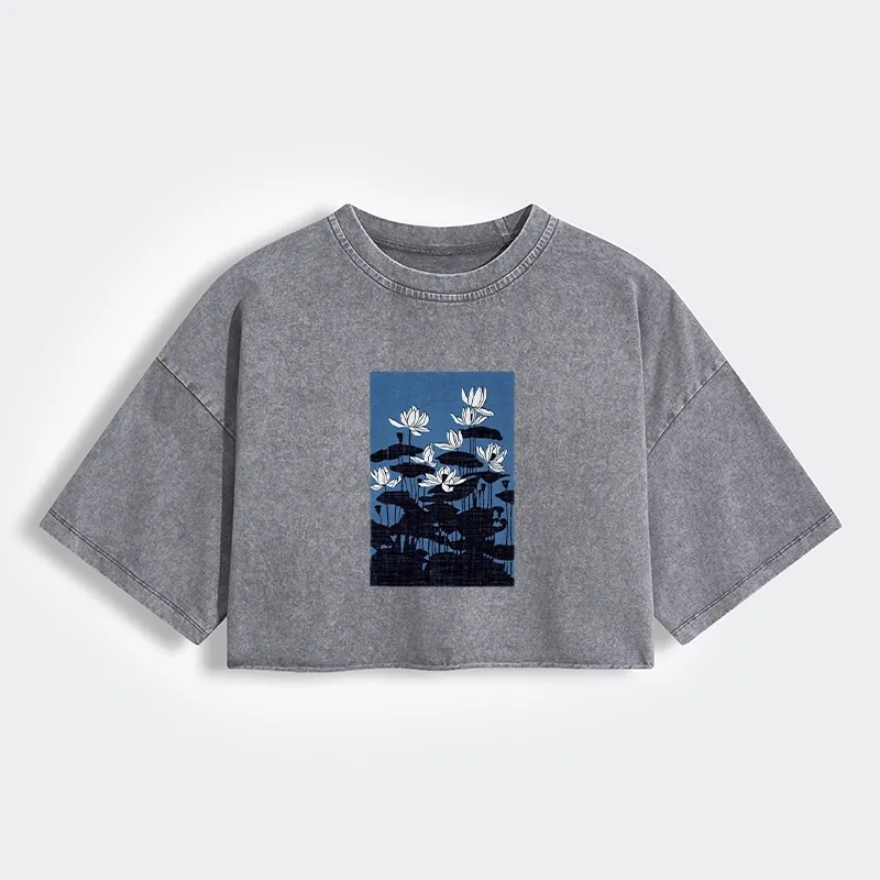 Tokyo-Tiger Blue Lotus Japanese Art Women's Washed Crop T-Shirt