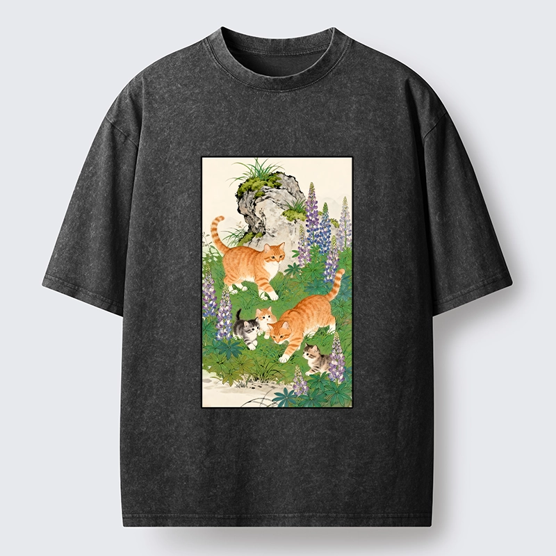 Tokyo-Tiger Tabby Cats In Garden Meme Washed T-Shirt