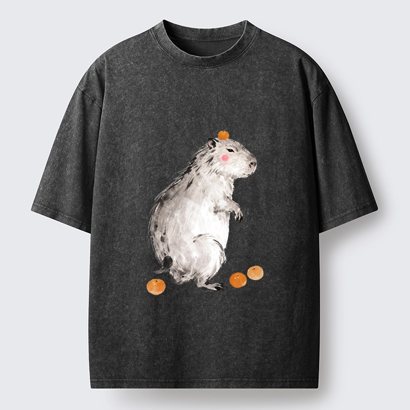 Tokyo-Tiger Orange On Capybara Funny Washed T-Shirt