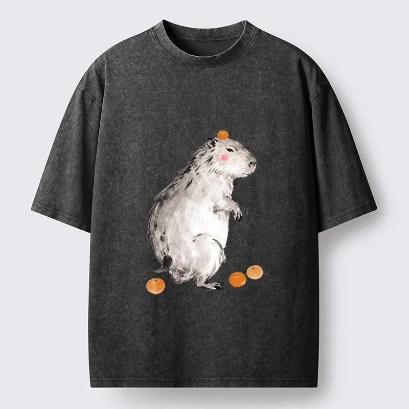 Tokyo-Tiger Orange On Capybara Funny Washed T-Shirt Sale