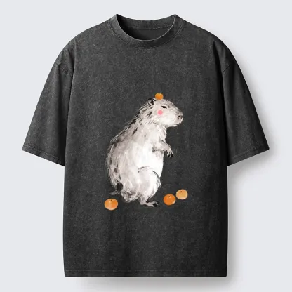 Tokyo-Tiger Orange On Capybara Funny Washed T-Shirt