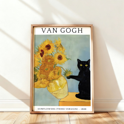 Tokyo-Tiger Black Cat With Sunflowers Wall Art Poster