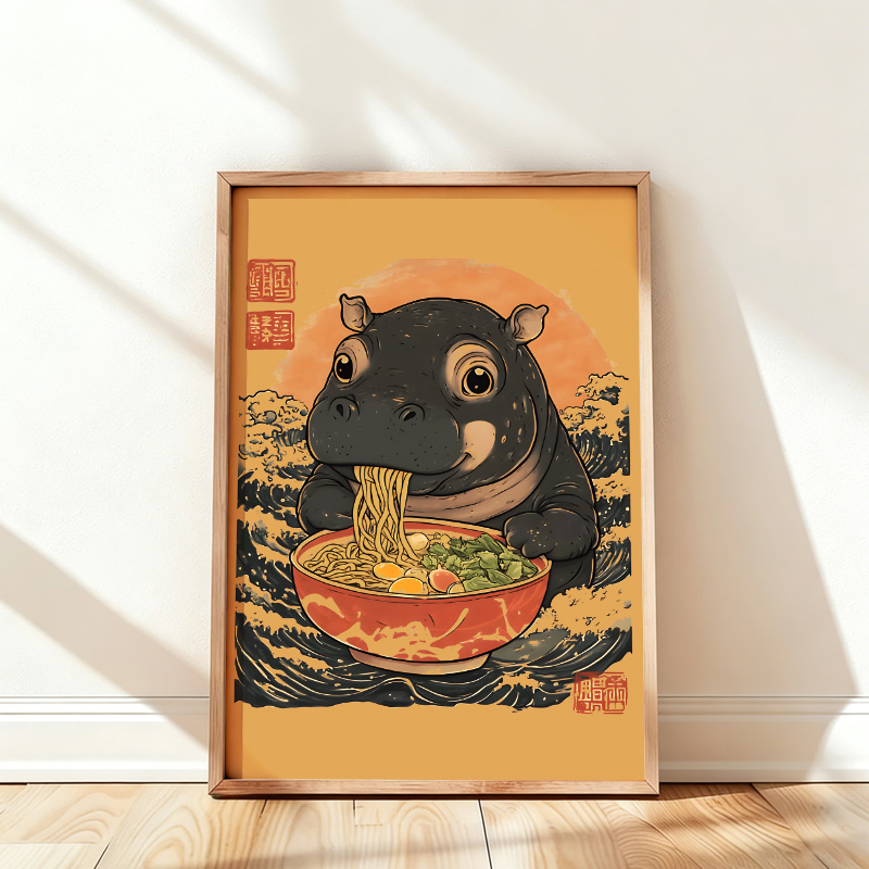 Tokyo-Tiger Moo Deng Eat Ramen Wall Art Poster