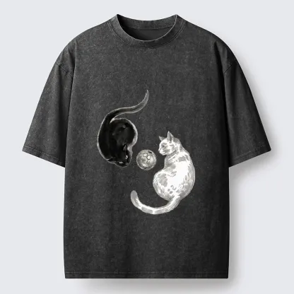 Tokyo-Tiger Cool Yin Yang Cat Art Washed T-Shirt