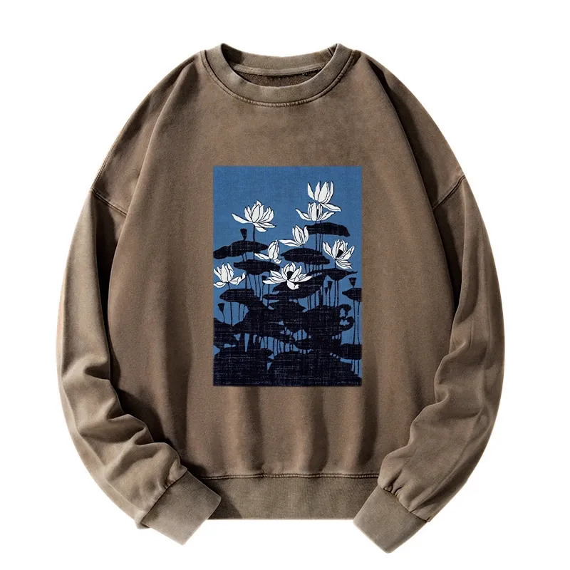 Tokyo-Tiger Blue Lotus Japanese Art Washed Sweatshirt