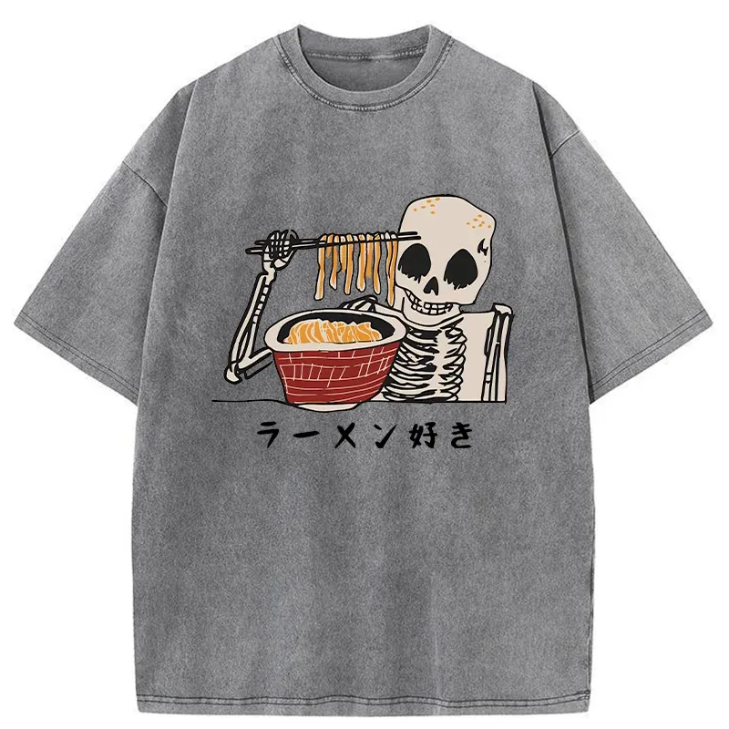 Tokyo-Tiger Skeleton Eating Ramen Washed T-Shirt