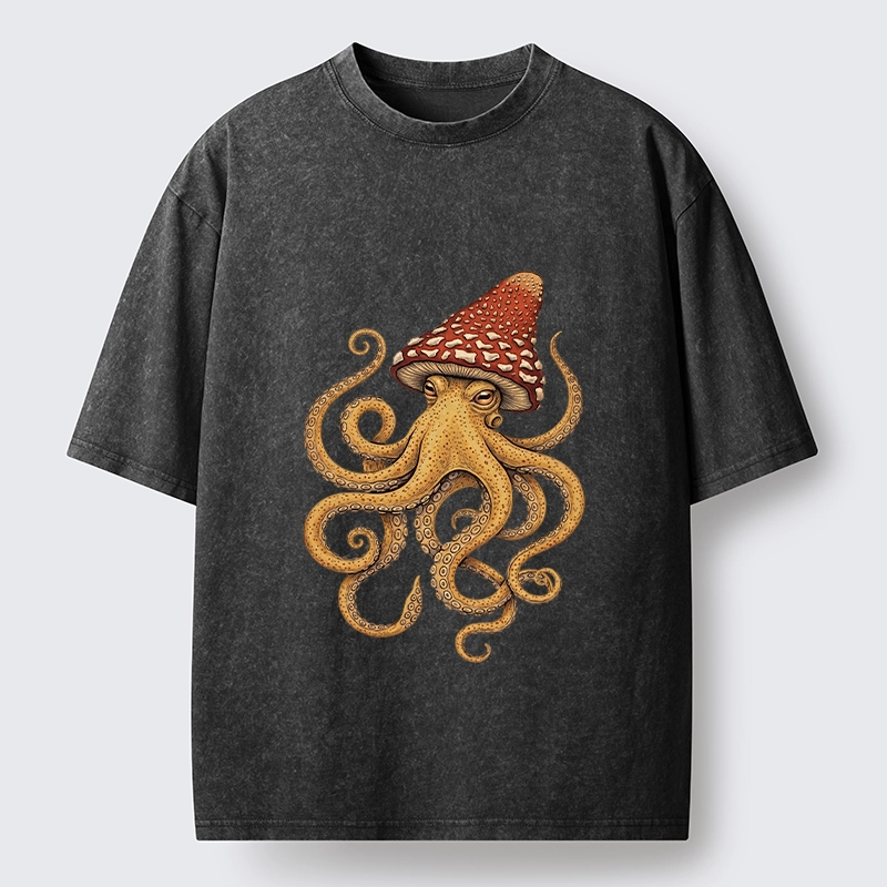 Tokyo-Tiger Mushroom Octopus Fantasy Art Washed T-Shirt
