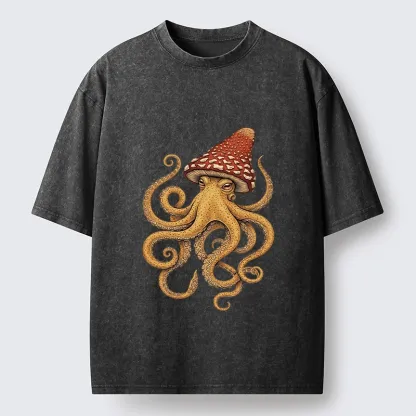 Tokyo-Tiger Mushroom Octopus Fantasy Art Washed T-Shirt