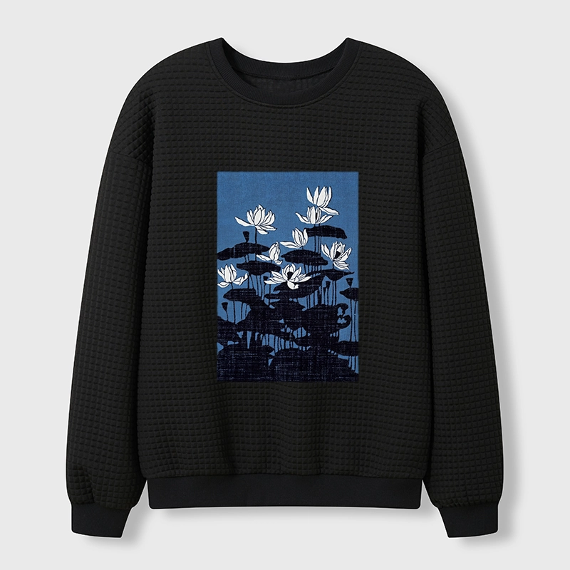 Tokyo-Tiger Blue Lotus Japanese Art Waffle Sweatshirt