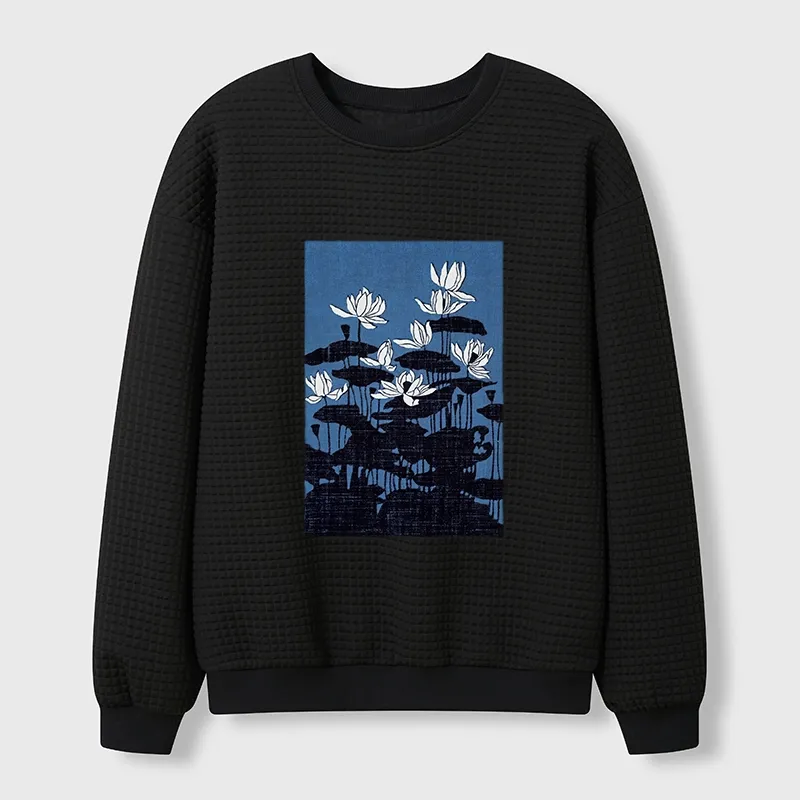 Tokyo-Tiger Blue Lotus Japanese Art Waffle Sweatshirt