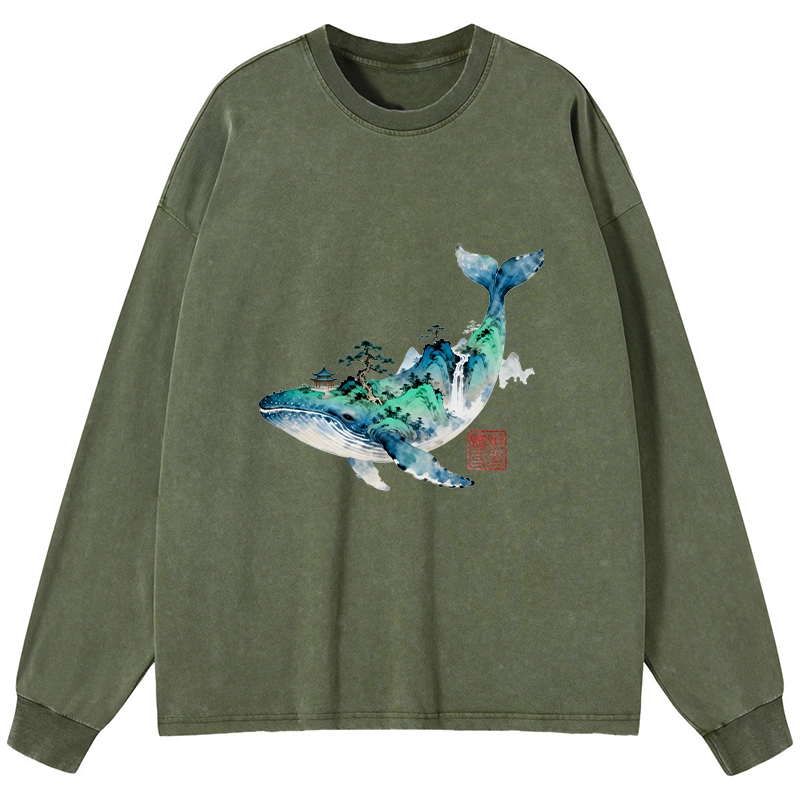 Tokyo-Tiger Whale Ink Painting Landscape Washed Long Sleeve T-Shirt