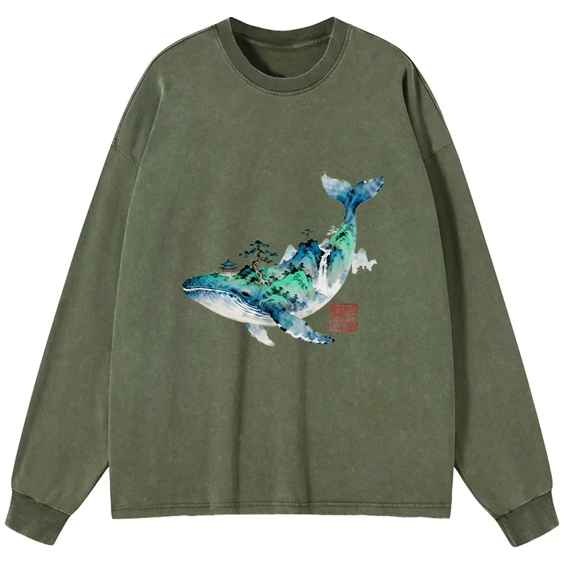 Tokyo-Tiger Whale Ink Painting Landscape Washed Long Sleeve T-Shirt