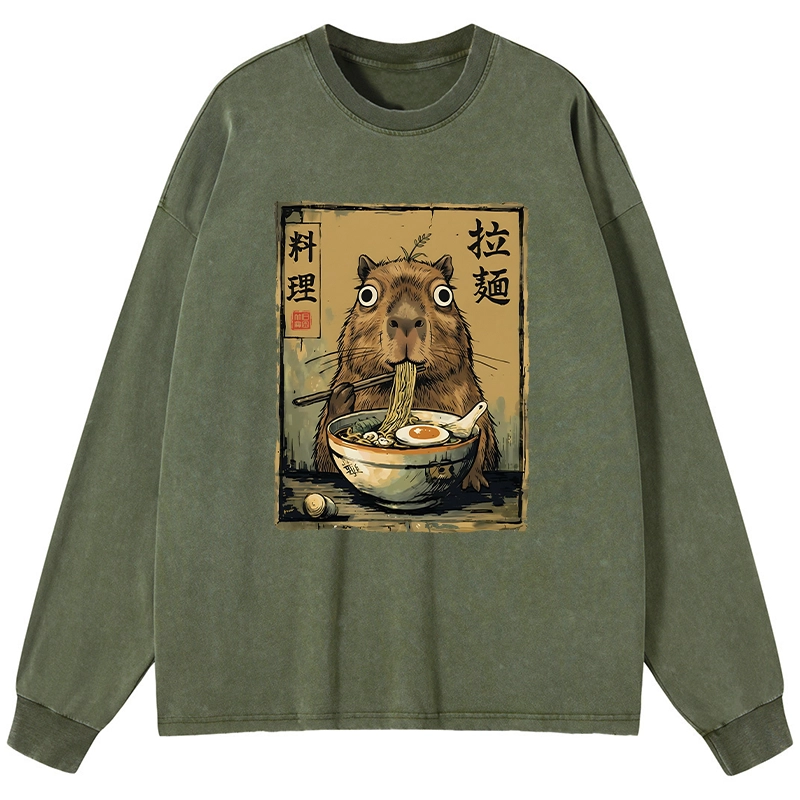 Tokyo-Tiger Cute Capybara Eating Ramen Washed Long Sleeve T-Shirt