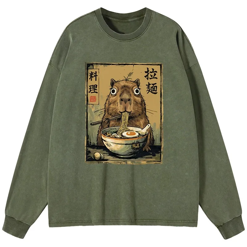 Tokyo-Tiger Cute Capybara Eating Ramen Washed Long Sleeve T-Shirt