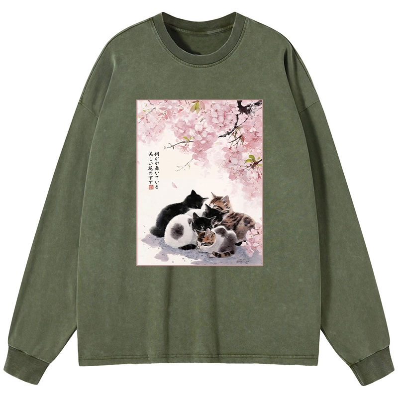 Tokyo-Tiger Cute Cats Sakura Garden Washed Long Sleeve T-Shirt