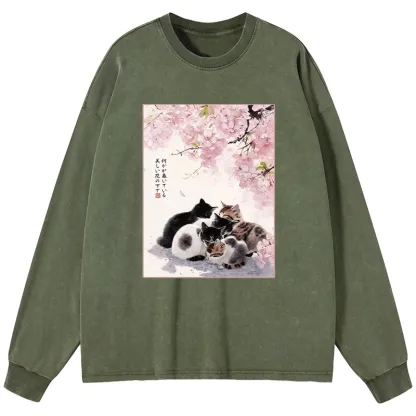 Tokyo-Tiger Cute Cats Sakura Garden Washed Long Sleeve T-Shirt