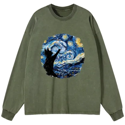 Tokyo-Tiger Starry Night Black Cat Washed Long Sleeve T-Shirt