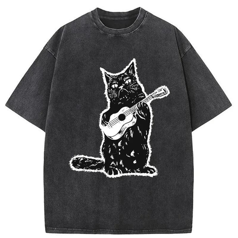 Tokyo-Tiger Cat Playing Guitar Washed T-Shirt