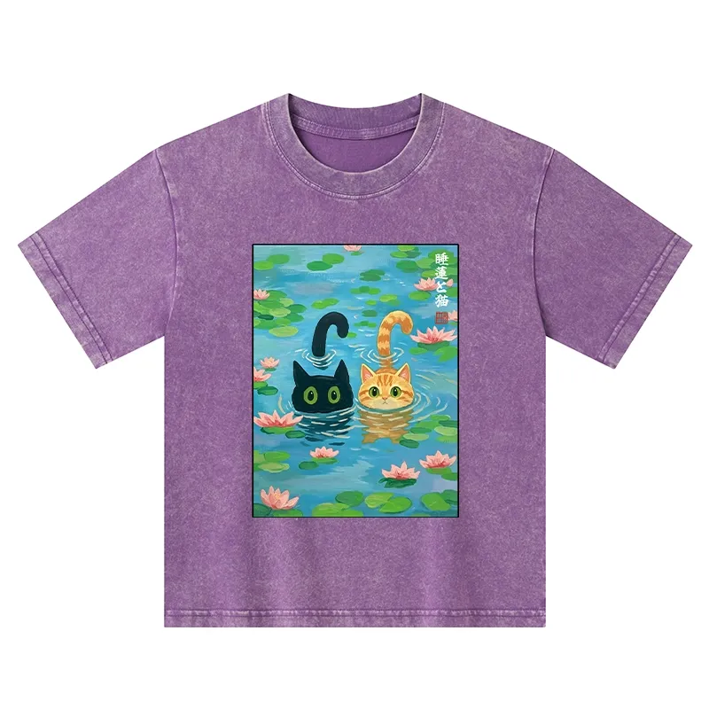 Tokyo-Tiger Cats In The Lotus Pond Kids Washed T-Shirt