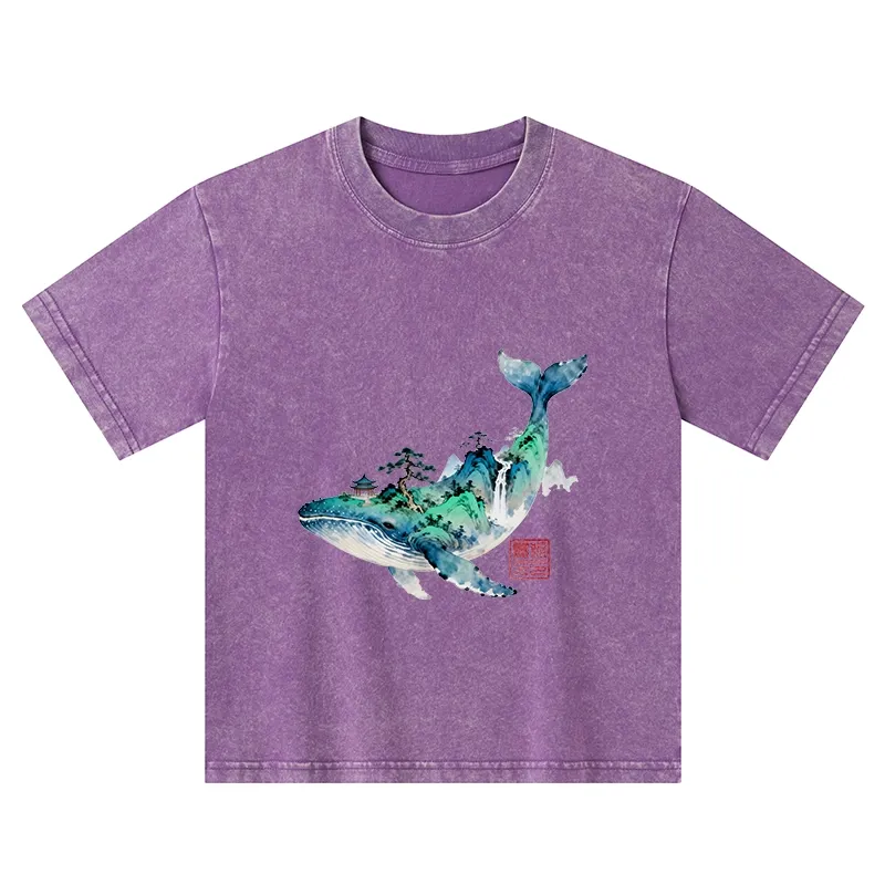 Tokyo-Tiger Whale Ink Painting Landscape Kids Washed T-Shirt